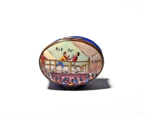 A rare Staffordshire enamel patch box of pugilist interest, late 18th century, the oval form decorated with two fighters in a