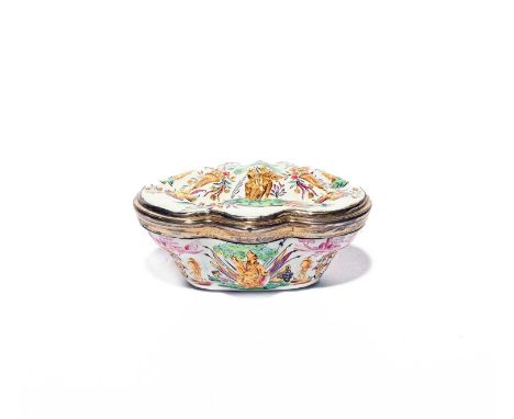 A Continental enamel silver-gilt mounted snuff box of Fromery type, mid 18th century, decorated in raised gilt with figures, 