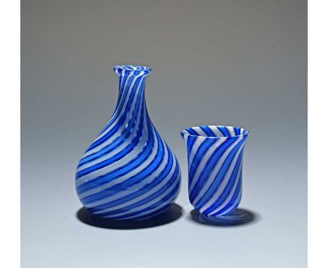 A miniature French latticino glass flask or bottle and glass, c.1845-50, possibly Clichy, with spiralling stripes in blue and