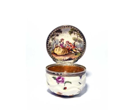 A silver-mounted German porcelain snuff box or bonbonnière, c.1770, moulded as a large ruffled flowerhead or rose bud, painte