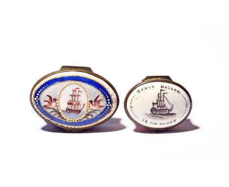 Two English enamel commemorative patch boxes, c.1812, the smaller painted in black with a ship at sail and the words 'Brave N