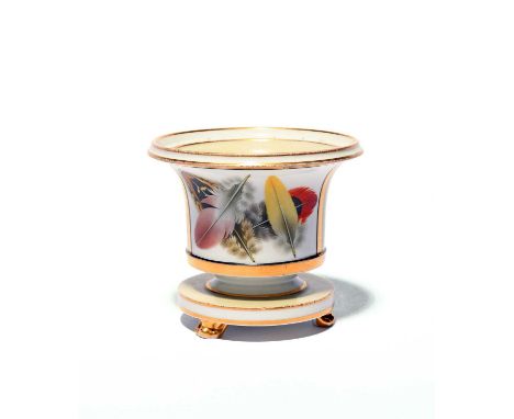 A Chamberlain's Worcester inkwell, c.1810, the flared form finely painted with a panel of feathers reserved on a pale greenis