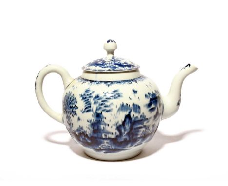 A Lowestoft blue and white punch pot and cover, c.1765-70, the globular body painted with a three-storeyed pagoda in a Chines