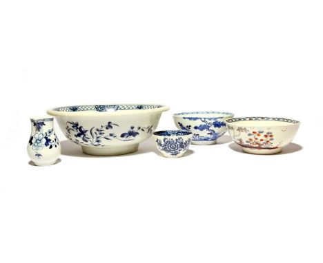 A Worcester blue and white basin, c.1760-65, painted with the Willow Bridge Fisherman pattern, open crescent mark, a Vauxhall