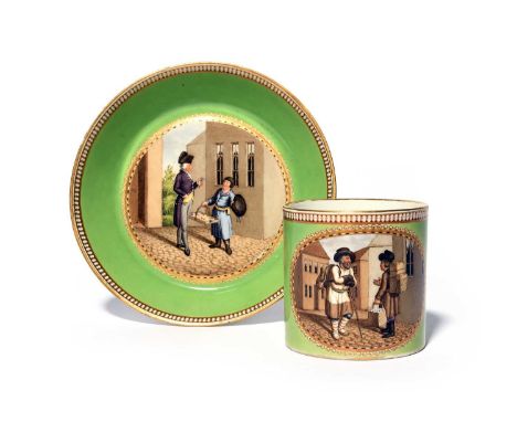 A Meissen coffee can and saucer, c.1800, painted with scenes of Russian street vendors after Jean-Baptiste Le Prince, the can