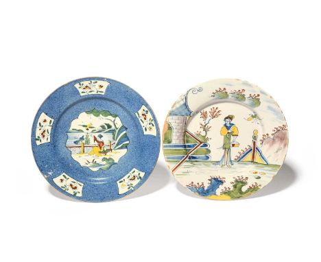 Two delftware chinoiserie plates, c.1750-70, one painted in polychrome enamels with a figure standing beside a pagoda and a l