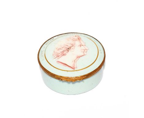 A French enamel snuff box, 1st half 19th century, the circular form painted with a double portrait of the Montgolfier brother