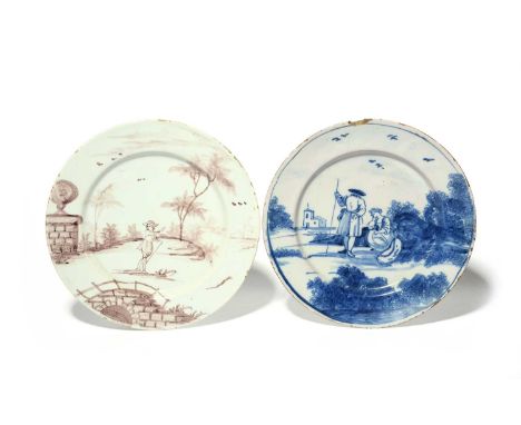 Two delftware plates, c.1760-80, one painted in blue with European travellers in a landscape, a man standing and looking down