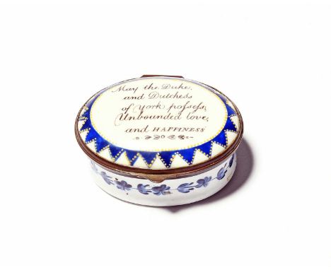 A Bilston enamel commemorative patch box of Royal interest, c.1791, the oval form inscribed 'May the Duke and Dutchess [sic] 