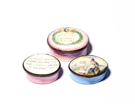 Three English enamel patch boxes relating to Lord Nelson, c.1798-1805, one of navette shape and decorated with Britannia and 