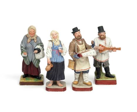 Four Russian biscuit porcelain figures, 19th/20th century, Gardner manufactory, one of a pastry seller with a tray of wares a