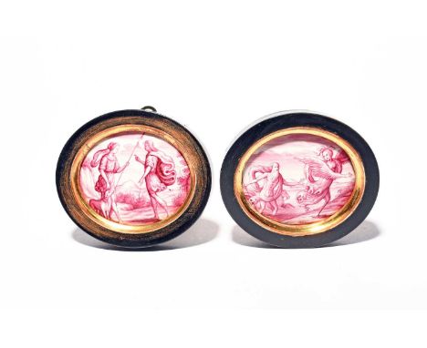 A pair of small Continental enamel plaques, late 18th century, the oval forms painted in puce monochrome with Classical scene
