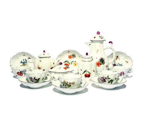 A Meissen composite tea and coffee service, c.1740, the quatrefoil forms painted with varying Holzschnitt flowers and insects