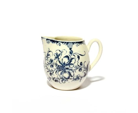 A Caughley blue and white milk or cream jug, c.1775-85, of distinctive barrel shape, printed with the Mansfield pattern, blue