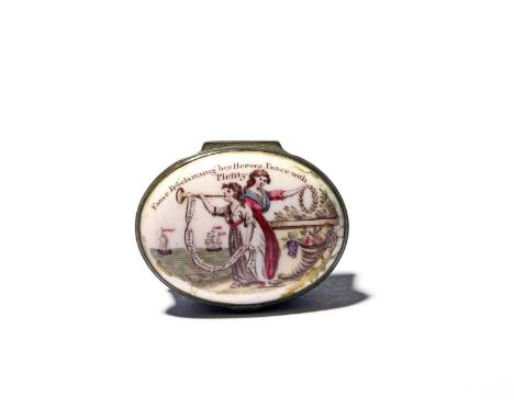 A South Staffordshire enamel patch box commemorating the Treaty of Amiens, c.1802, decorated with the figures of Fame and Ple