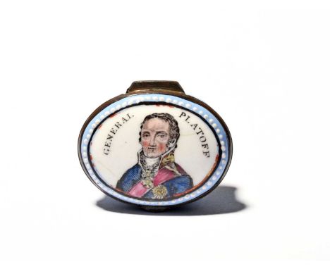 A rare South Staffordshire enamel patch box of military interest, early 19th century, the oval form printed and coloured with