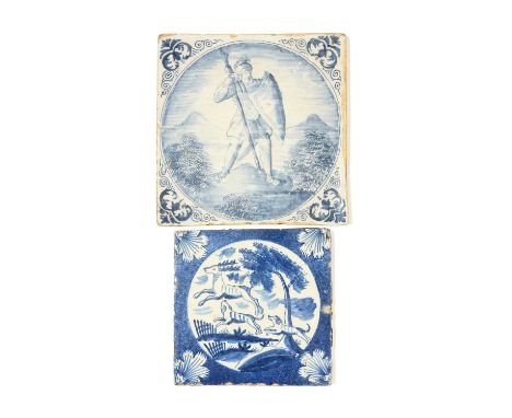 A large London delftware tile, c.1725-50, painted in blue with a stag hunt scene showing two dogs in pursuit, on a sponged bl