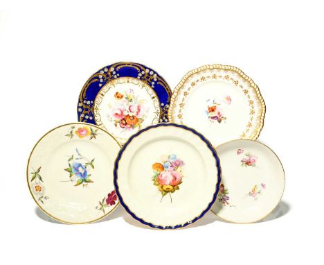 Five English porcelain plates, c.1770-1820, including a Derby saucer dish painted with flowers, a Derby plate with a flower s