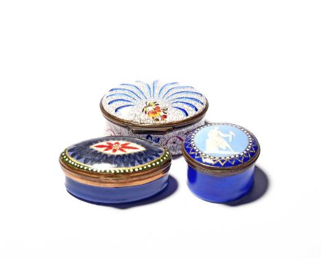 Two English enamel patch boxes and a snuff box, late 18th/early 19th century, one circular and decorated in the manner of Jas