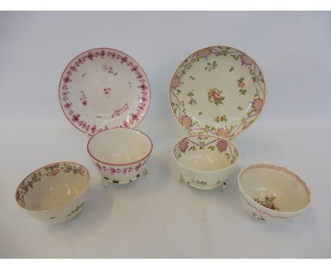 Two 18th Century porcelain tea bowls and saucers and two further tea bowls in the Oriental taste, possibly Newhall.