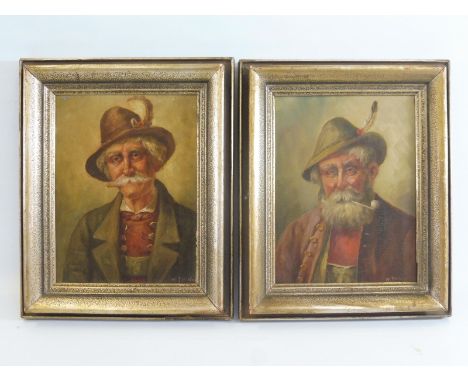 A pair of portrait oils on board, both depicting Bavarian gentlemen, and signed indistinctly 'W. Thiule(?)', framed, 10 x 12"