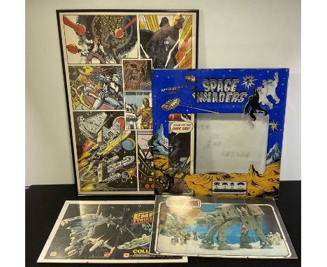 A SPACE INVADERS arcade game plastic screen (possibly pinball) together with a trio of STAR WARS posters framed in plastic in