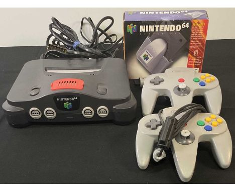 NINTENDO 64 (N64) - An unboxed Nintendo 64 games console, with 2 controllers, power supply, together with a boxed rumble pack