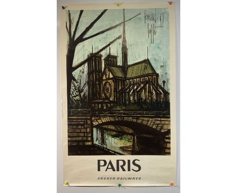 FRENCH RAILWAYS - PARIS, advertising poster (1967) featuring Notre Dame cathedral by expressionist painter Bernard Buffet, 62