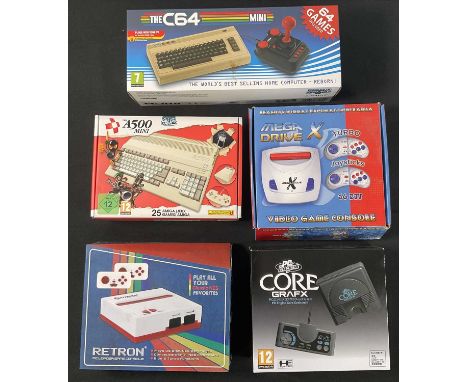 A group of retro gaming emulator consoles comprising of A Hyperkin Retron FC loader (boxed as new), an A500 MINI (AMIGA), com