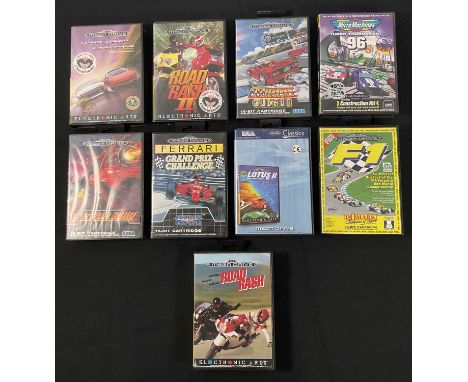 SEGA MEGA DRIVE - A group of boxed, racing Sega Mega Drive video games comprising ROAD RASH and ROAD RASH II, F1, OUTRUN 2019