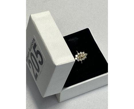 Yellow gold cluster ring featuring x13 round cut diamonds of approx. 0.50ct in marquise design, unmarked tested as 18ct gold,