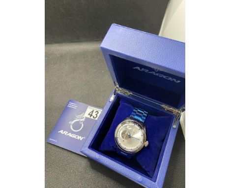 Aragon antigravity wristwatch with stainless steel strap, as new, with box and leaflet