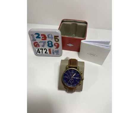 Fossil Rhett quartz chronograph wristwatch with blue face and brown leather strap, BQ2099, case size 42mm, as new with tag, l