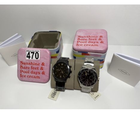 X2 watches - Fossil Neutra chronograph with gold coloured numerals on black dial with black stainless steel strap, case size 