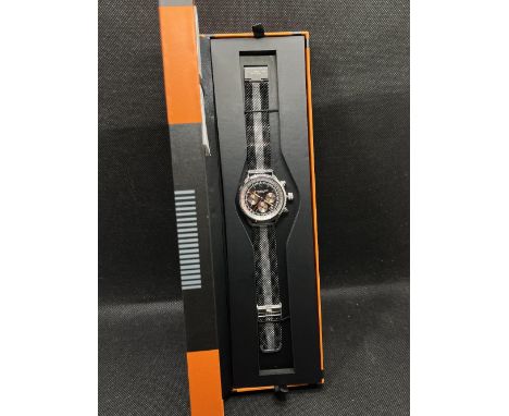A Stührling “Monaco 3976.1” wristwatch with a black dial and black and stainless-steel bracelet, water resistant 50M, luminou