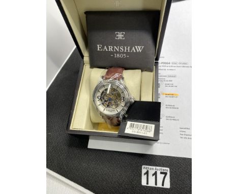 A Thomas Earnshaw, grand skeleton automatic wristwatch model no ES-8011-01, cloud white finish with brown leather strap and t