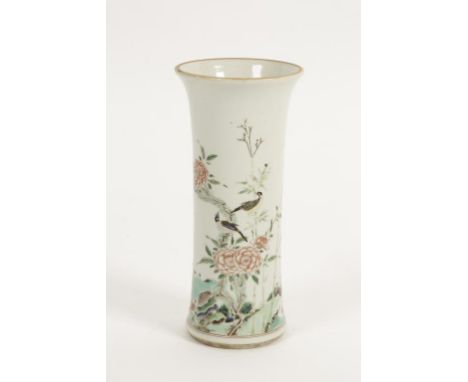 A CHINESE FAMILLE VERTE PORCELAIN GU VASE painted with birds amongst lush peonies, Qing dynasty, Kangxi (1662-1722), 21cm hig