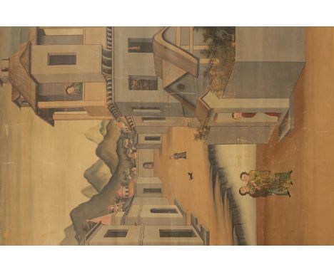 CHINESE SCHOOL, 18th/19th century A painted hanging scroll depicting a Jesuit Missionary Station, with four figures in and ar