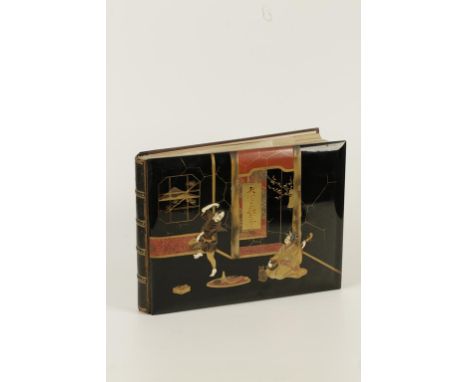 AN ALBUM OF FIFTY JAPANESE TINTED SEPIA PHOTOGRAPHS mainly beauties and trades, contained in a black lacquer binding, the cov