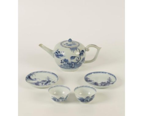 A NANKING CARGO TEAPOT painted in underglaze blue with a willow and peony on a fenced terrace overlooking an island, c.1752, 