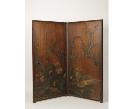 A JAPANESE TWO FOLD LACQUERED PINE ROOM SCREEN, one side decorated with a pair of golden pheasants amongst flowering shrubs, 
