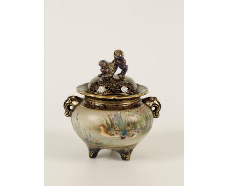 A JAPANESE EARTHENWARE TRIPOD KORO VASE AND COVER one side painted with a pair of pheasants, the other a pair of mallards on 