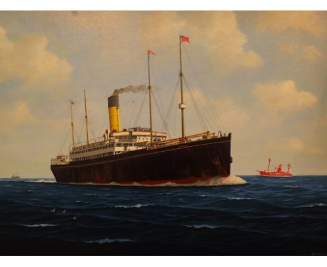Original oil on board Republic passing Goodwin Sandbar light ship signed J. Cromby 
