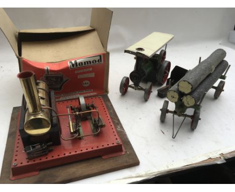 Mamod , a boxed Twin cylinder superheated steam engine and a Traction engine with log trailer