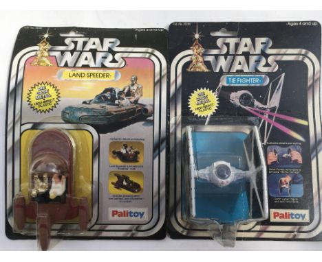 Star Wars, vintage 1977 carded Palitoy Diecast toys , including Land Speeder and Tie fighter, MOC