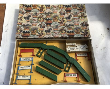 Crescent toys, vintage OO gauge, Diecast, boxed , green foot bridge with platform stands.