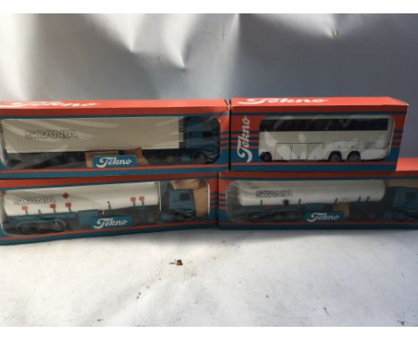 Tekno toys, boxed Diecast vehicles including, Scania articulated lorry and tankers and a coach, all 1:50 scale.