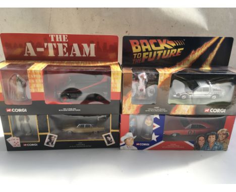 A collection of boxed Corgi TV related Diecast vehicles including The A-Team, Back to the future, Dukes of Hazzard and Lock s