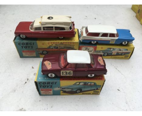 Corgi toys, Original boxed Diecast vehicles including #252 Rover 2000, #437 Superior Ambulance with instructions and #443 Ply