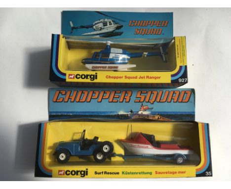 Corgi toys, Original boxed Diecast vehicles, TV related Chopper Squad , #35 Surf rescue and #927 Chopper squad jet ranger, MI